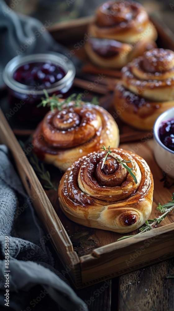 A tray of cinnamon rolls with a jar of jelly and a bowl of berries. Scene is warm and inviting, with the sweet smell of cinnamon and the bright colors of the berries A tray of cinnamon rolls with a jar of jelly and a bowl of berries. Scene is warm and inviting, with the sweet smell of cinnamon and the bright colors of the berries