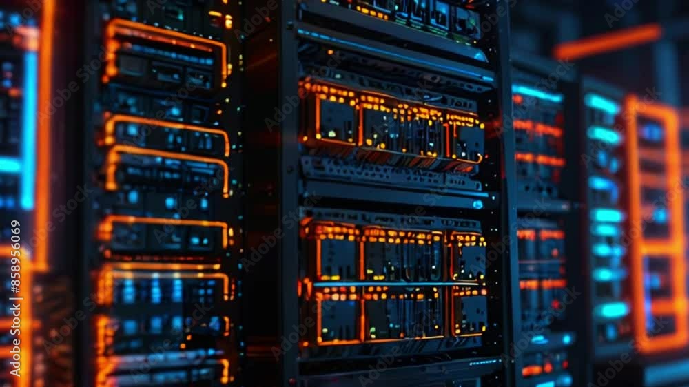A dark room filled with tall racks of servers with bright orange and blue lights.