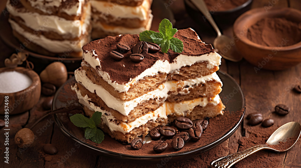 Decadent sugar-free tiramisu with creamy mascarpone, coffee-soaked ladyfingers, and cocoa dusting on rustic table Decadent sugar-free tiramisu with creamy mascarpone, coffee-soaked ladyfingers, and cocoa dusting on rustic table