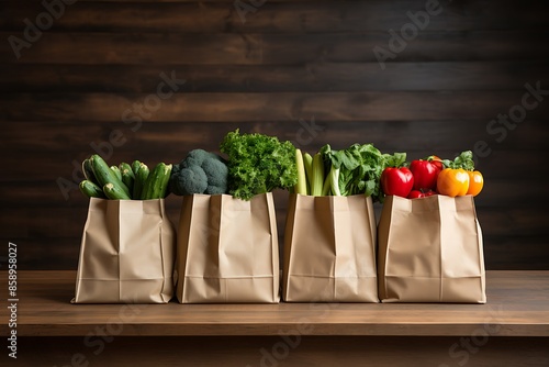 Paper bags with fresh vegetables on wooden table in kitchen, closeup photo