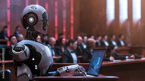 A robot is sitting at a desk in front of a laptop. The robot is wearing a suit and he is working. The room is filled with people, some of whom are sitting in chairs and others standing © vadosloginov