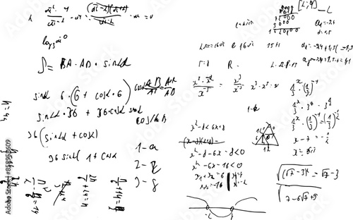 Set of mathematical formulas and solutions to problems and equations. Homework of a student. Vector image of algebra and geometry tasks.	
