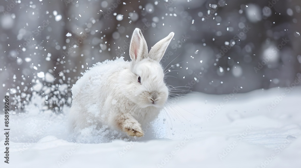 white funny fluffy rabbit in the snow. white funny fluffy rabbit in the snow.
