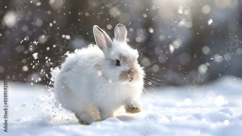 white funny fluffy rabbit in the snow.  © Berkah