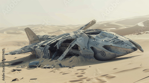 Fototapeta Naklejka Na Ścianę i Meble -  A futuristic, metallic spacecraft lies wrecked in the vast, desolate desert, its shattered remnants partially buried in the sand under a hazy sky.