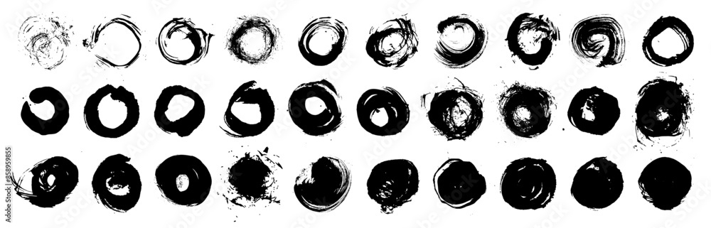 Grungy vector black ink circles. Brush hand drawn textured punk style round shapes. Artistic Chinese calligraphy, Korean design elements. Japanese enso zen circles. Each element is united. Sun symbols Grungy vector black ink circles. Brush hand drawn textured punk style round shapes. Artistic Chinese calligraphy, Korean design elements. Japanese enso zen circles. Each element is united. Sun symbols