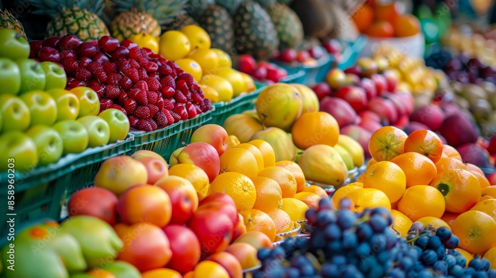 Array of luscious fruits in a vibrant market, focusing on color, texture, and clarity, creating a visually appealing scene Array of luscious fruits in a vibrant market, focusing on color, texture, and clarity, creating a visually appealing scene