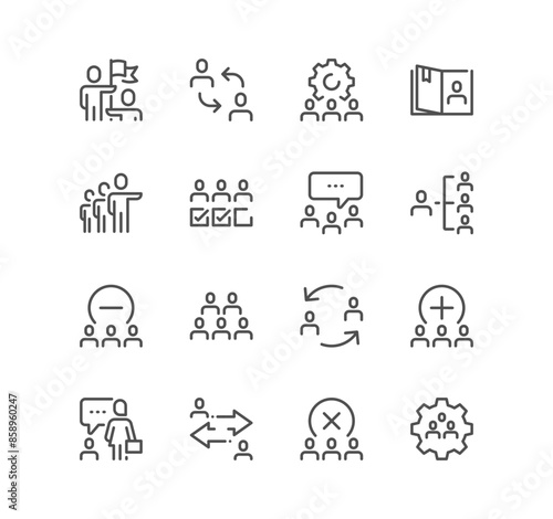 Set of team work related icons, team setup, structure, performance, friendship, participation and linear variety vectors.	
