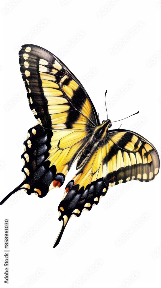 A butterfly with black and yellow wings is flying in the air. The butterfly is the main focus of the image, and it is in motion. The image has a sense of freedom and lightness