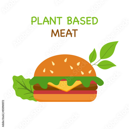 Plant based Meat hamburger with cheese burger and leaves.