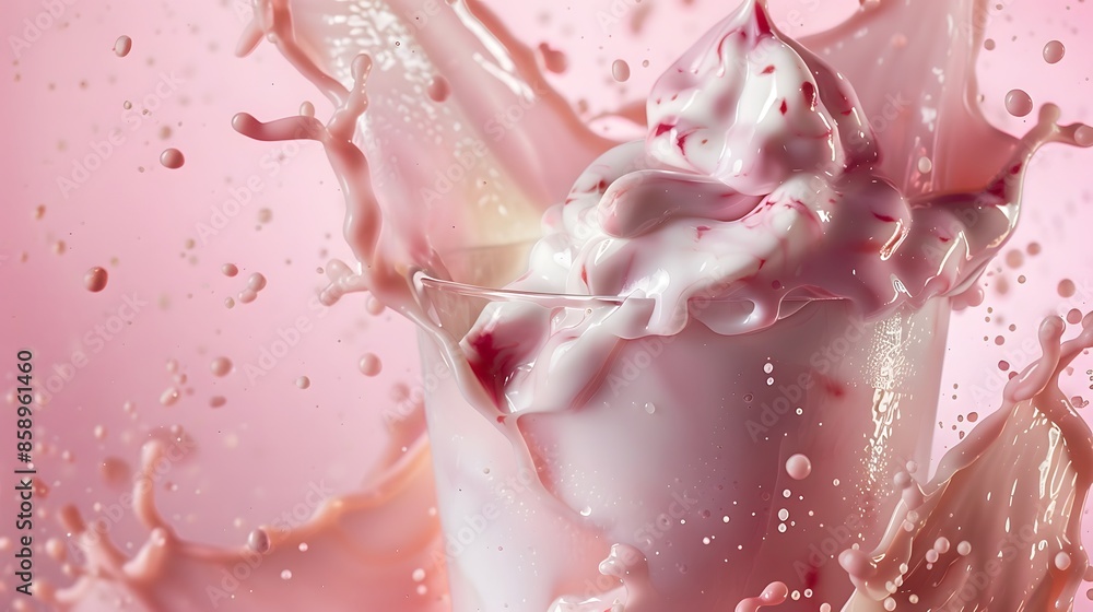Dynamic photograph of a glass filled with swirls of creamy white milk chocolate and strawberry milk, captured in motion with splashes and droplets, creating an abstract and refreshing image Dynamic photograph of a glass filled with swirls of creamy white milk chocolate and strawberry milk, captured in motion with splashes and droplets, creating an abstract and refreshing image