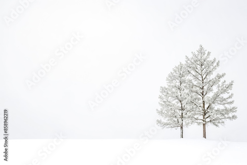 Two snow-covered trees in a white landscape