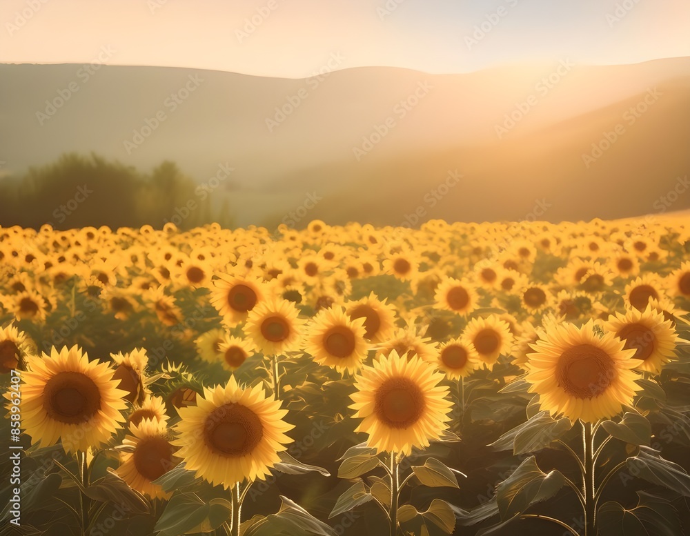Fototapeta premium field of sunflowers and sun