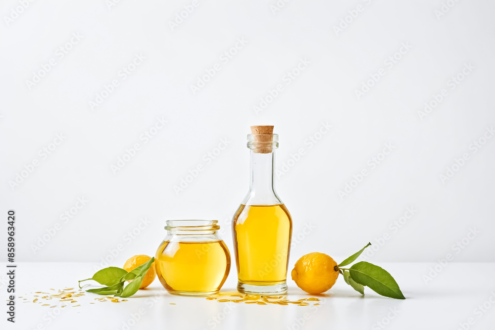 Fresh citrus oil in glass bottle with lemon and leaves Fresh citrus oil in glass bottle with lemon and leaves