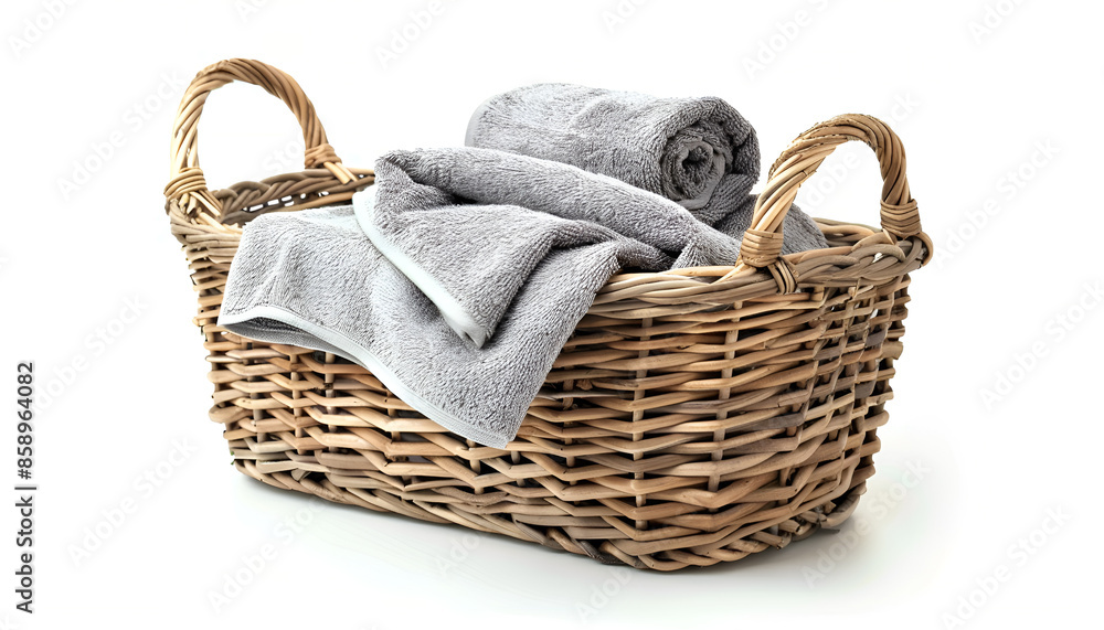 Obraz premium Wicker laundry basket with clean towels isolated on white