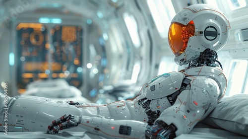Fototapeta Naklejka Na Ścianę i Meble -  A robot is laying on a bed in a white room. The robot is wearing a white suit and has an orange visor. The robot appears to be resting or relaxing