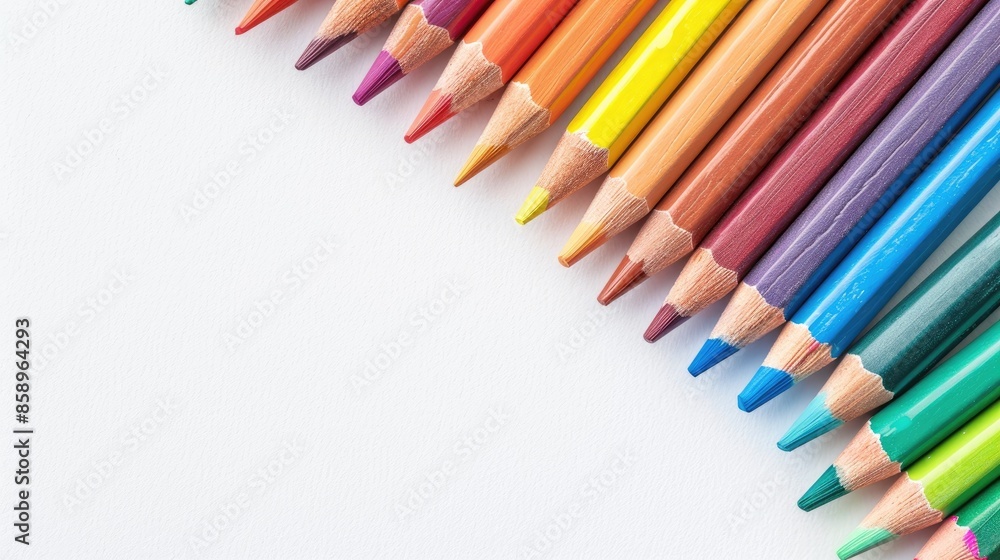 Crayons and pastels aligned on white backdrop with space for text Crayons and pastels aligned on white backdrop with space for text