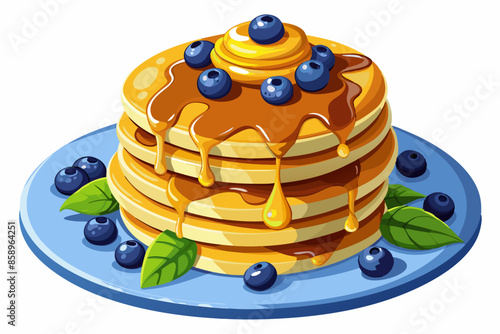 A stack of golden pancakes drizzled with honey and topped with fresh blueberries on a white plate