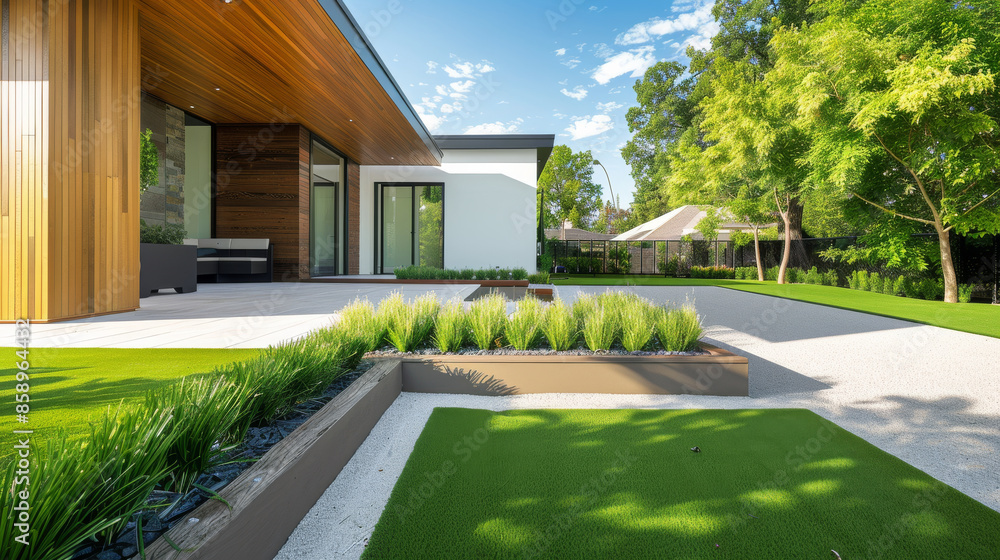A visually appealing modern house with an immaculate lawn, outdoor design features, and surrounding lush greenery on a sunny day. A visually appealing modern house with an immaculate lawn, outdoor design features, and surrounding lush greenery on a sunny day.