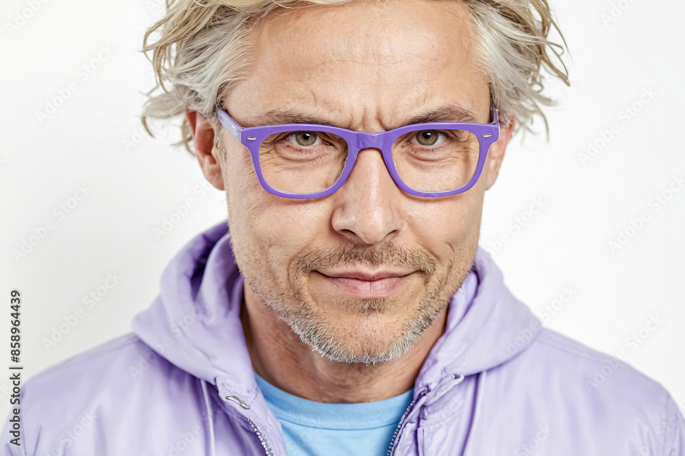 Portrait of a man with purple glasses and a purple jacket Portrait of a man with purple glasses and a purple jacket