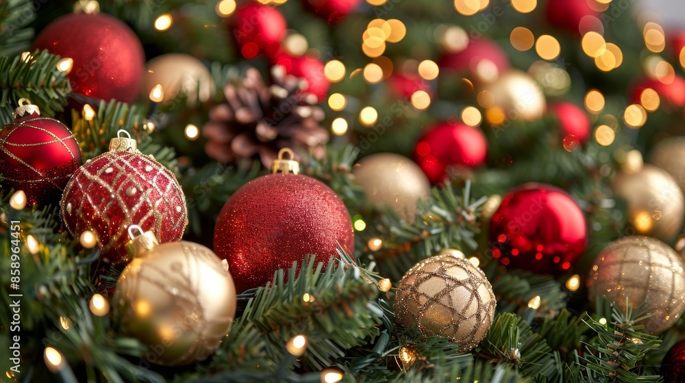 Festive christmas tree adorned with ornaments and glowing lights in close up view Festive christmas tree adorned with ornaments and glowing lights in close up view