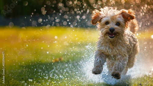 A dog is running through the grass and getting wet