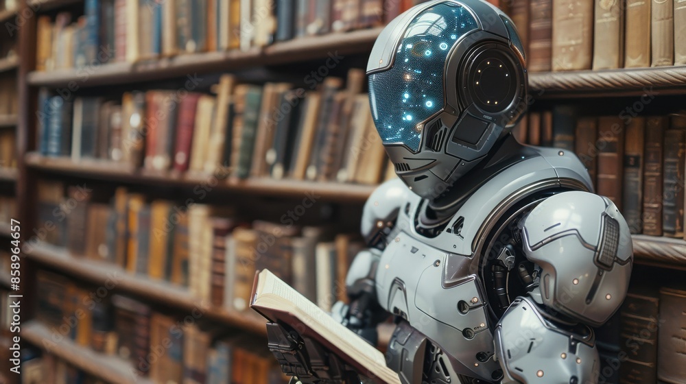 A robot is standing in a library and reading a book. The robot is wearing a helmet and has a robotic arm. The robot is surrounded by many books, and the library appears to be a quiet A robot is standing in a library and reading a book. The robot is wearing a helmet and has a robotic arm. The robot is surrounded by many books, and the library appears to be a quiet