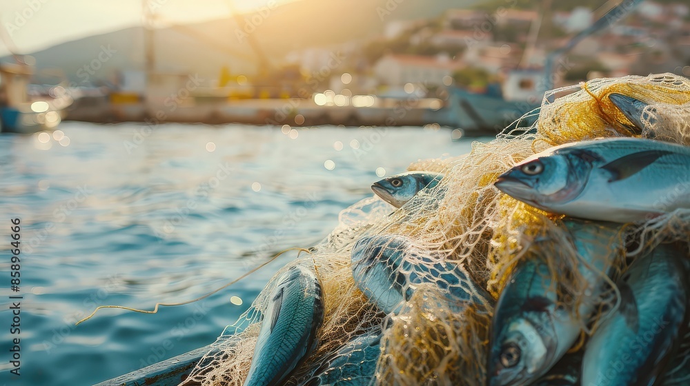 Freshly Caught Fish in Fishing Net by Harbor Freshly Caught Fish in Fishing Net by Harbor