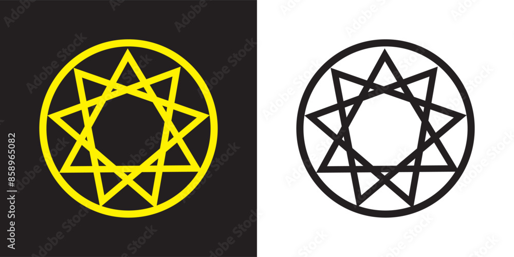 Bahai icon set. nine pointed baha vector symbol. persian star sign in black filled and outlined style. Bahai icon set. nine pointed baha vector symbol. persian star sign in black filled and outlined style.