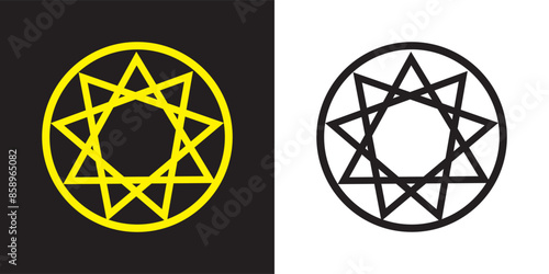 Bahai icon set. nine pointed baha vector symbol. persian star sign in black filled and outlined style.