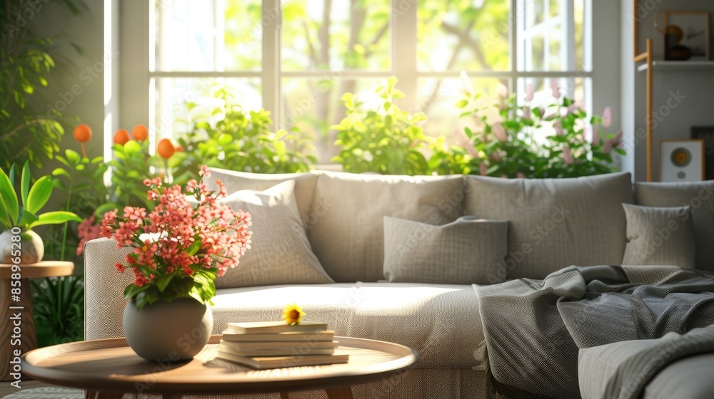 Chic living room with a plush grey sofa and decorative red flowers in vases on the round wooden coffee table on the windows background in natural sunlight Chic living room with a plush grey sofa and decorative red flowers in vases on the round wooden coffee table on the windows background in natural sunlight