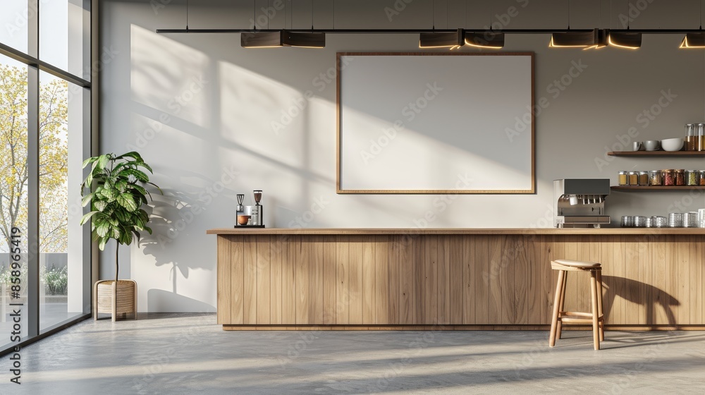 Stylish coffee bar setup with wooden chairs and stools, a polished countertop, and decorative ceiling lamps with blank picture frame on white wall