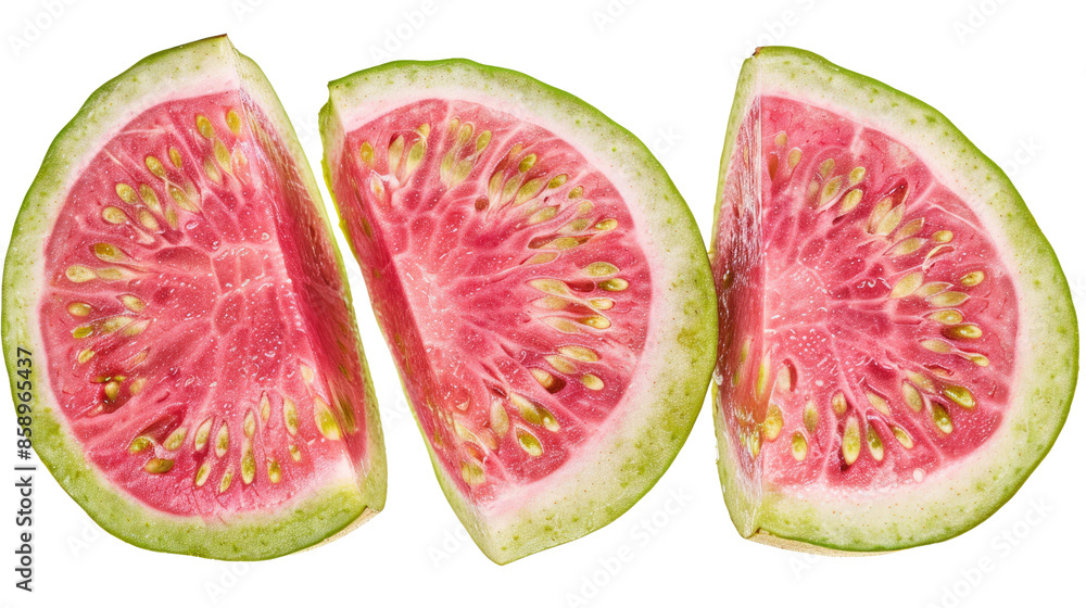 Photograph of a sliced guava, its vibrant pink flesh and fragrant aroma enticing the senses against a transparent background. Photograph of a sliced guava, its vibrant pink flesh and fragrant aroma enticing the senses against a transparent background.
