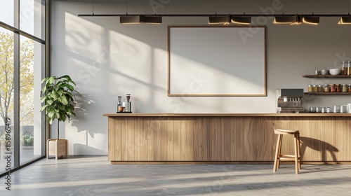 Stylish coffee bar setup with wooden chairs and stools, a polished countertop, and decorative ceiling lamps with blank picture frame on white wall