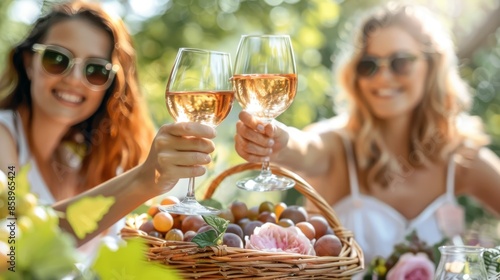 Friends raise glasses of champagne at a party garden,picnic snack and Hands clinking glasses of wine ,relaxing in holoday,new year party concept. photo