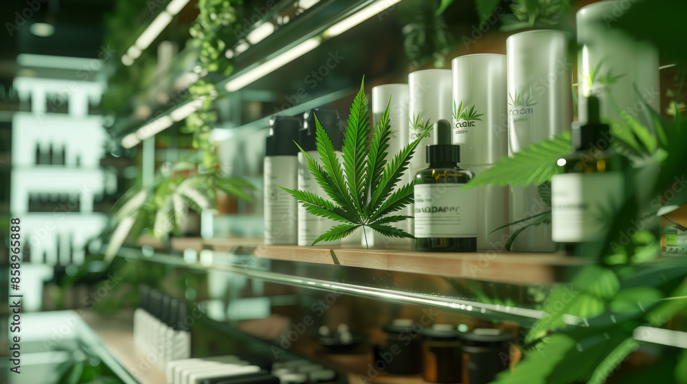 A chic display of cannabis products on glass shelves, surrounded by lush green plants, in a modern wellness store. A chic display of cannabis products on glass shelves, surrounded by lush green plants, in a modern wellness store.