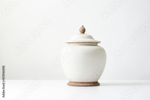 White ceramic vase with wooden lid on white background