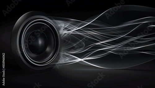 Black background, one woofer speaker is vibrating, and sonic boom forms in circular shape from speaker