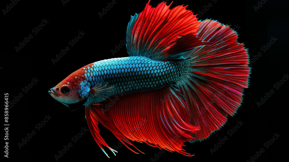 A vibrant red and blue Betta fish with flowing fins swims gracefully in a dark, minimalist background, showcasing its intricate beauty. A vibrant red and blue Betta fish with flowing fins swims gracefully in a dark, minimalist background, showcasing its intricate beauty.