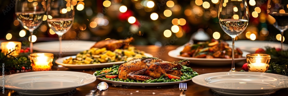 Close up of elegantly arranged festive christmas dinner table with glowing candles Close up of elegantly arranged festive christmas dinner table with glowing candles