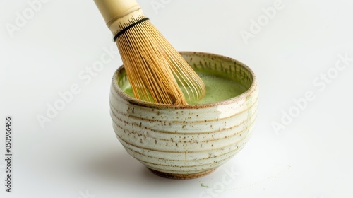 Fototapeta Naklejka Na Ścianę i Meble -  Matcha Tea Ceremony: Whisking Green Tea with a Bamboo Whisk