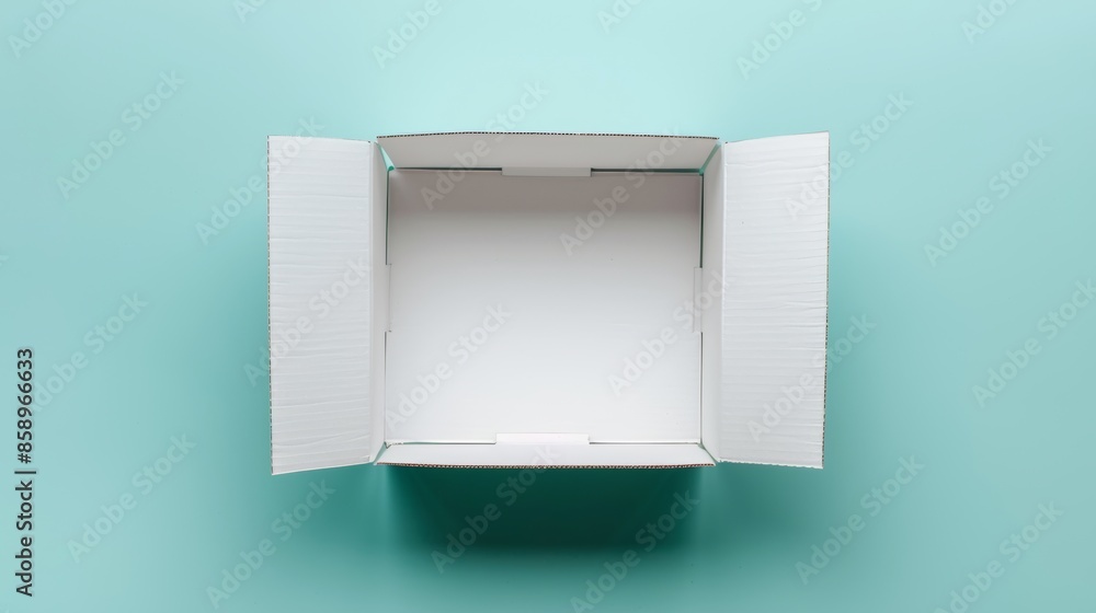 Top view of a blank white cardboard box, open with precise lines and vivid color representation, focusing on quality and clarity Top view of a blank white cardboard box, open with precise lines and vivid color representation, focusing on quality and clarity