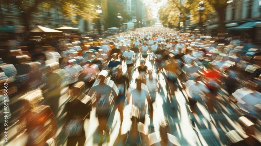 Obraz premium Soft focus captures the energy of the city marathon as runners push through the crowded course.
