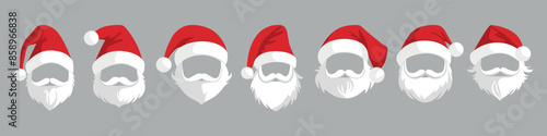 Set of Santa Claus hats. Red Santa hats with beard and mustache.