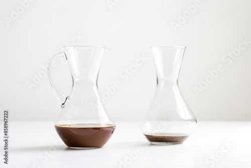 Two glass carafes with liquid on white background photo
