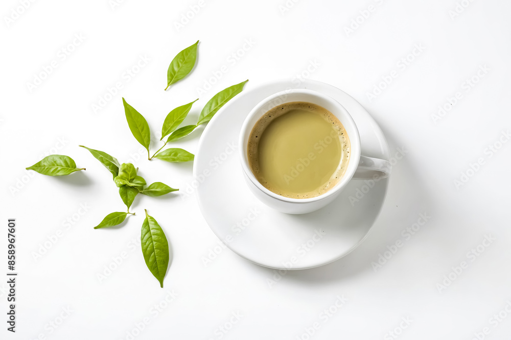 Cup of Matcha Latte with Green Leaves on White Background Cup of Matcha Latte with Green Leaves on White Background