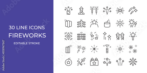 Fireworks icon set vector illustration stroke editable. sparkling, star, burst and more