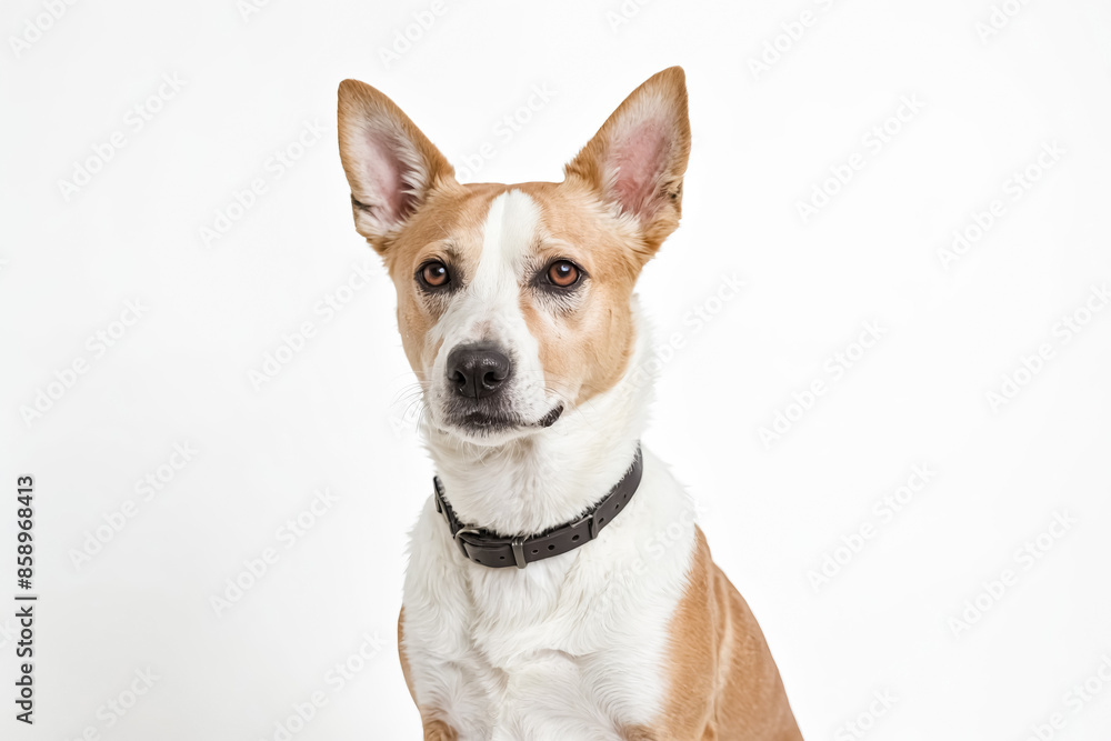 Portrait of a brown and white dog with a black collar Portrait of a brown and white dog with a black collar