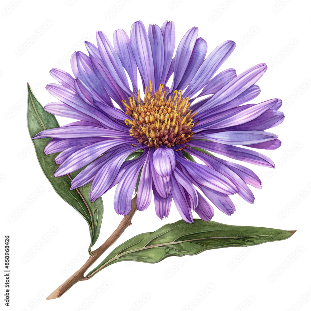 Purple aster flower isolated on a white background, showcasing its vibrant petals and delicate beauty in nature Purple aster flower isolated on a white background, showcasing its vibrant petals and delicate beauty in nature