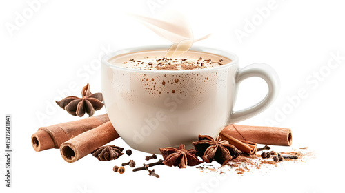Photograph of a steaming mug of chai tea, its rich and flavorful blend of spices, captured on a transparent background.